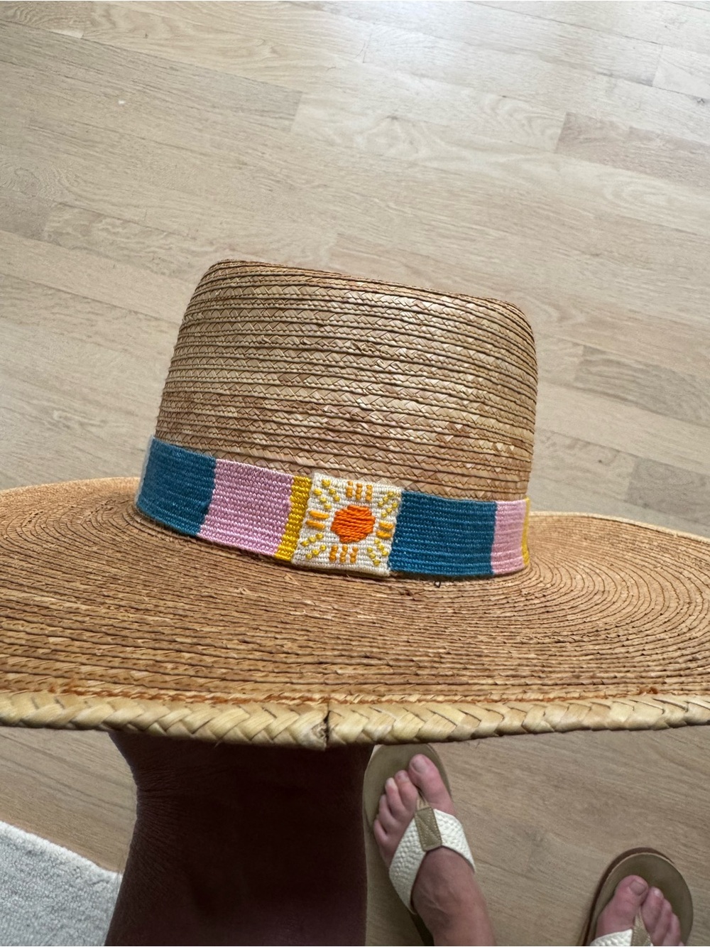 Handwoven Straw Sun Hat with Multicolor Embroidered Band - Picture 2 of 8